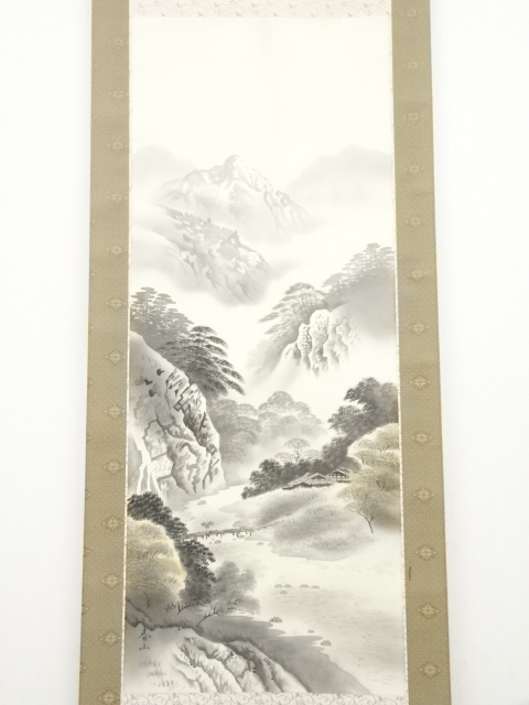 水墨画 春雪画　山水画 掛け軸　肉筆　絹本　古物 道具 ] - 道具 茨木春山筆 水墨山水 肉筆絹本掛軸（共箱